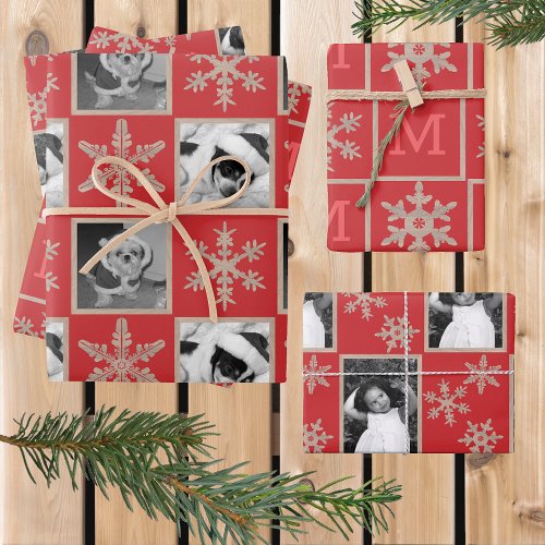 Modern Red Rustic Snowflake Monogram Photo Wrapping Paper Sheets