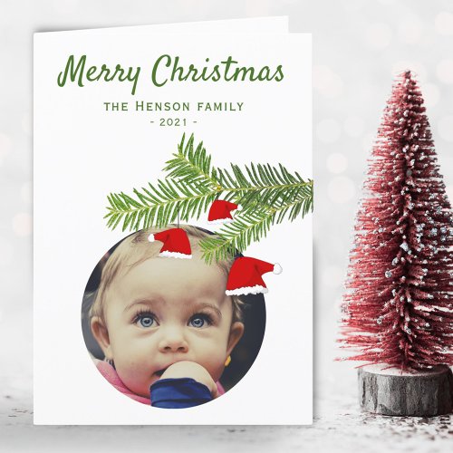 Modern Red Santa Hat Pine Merry Christmas Photo Holiday Card