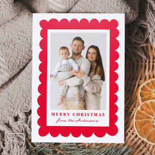 Modern Red Scalloped Frame Merry Christmas Letterpress Photo Cards