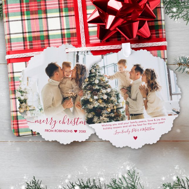 Modern Red Script 2 Family Photo Christmas Ornament Card (Creator Uploaded)
