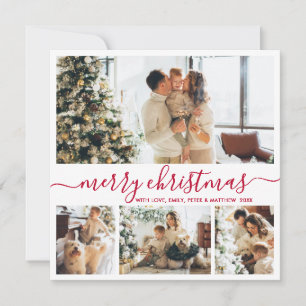 Modern Red Script 4 Photo Collage Christmas Holiday Card