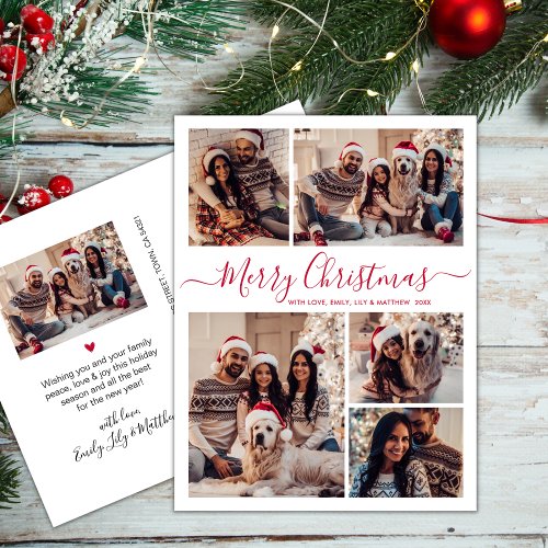 Modern Red Script 5 Photo Collage Christmas  Postcard