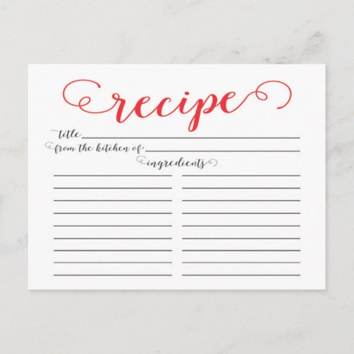 Modern Red Script Bridal Shower Recipe Cards