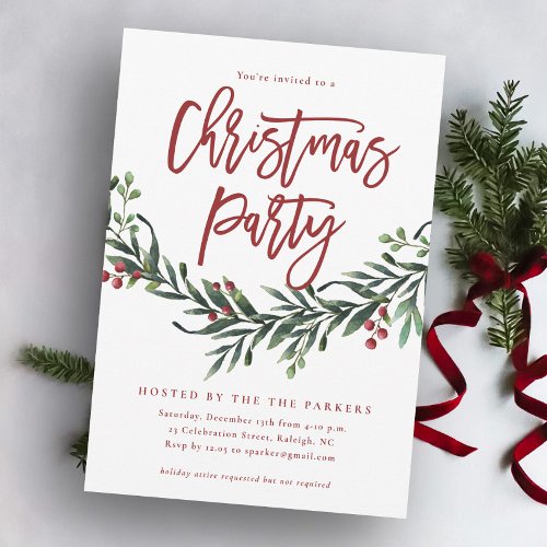 Modern Red Script Christmas Party Greenery Invitation