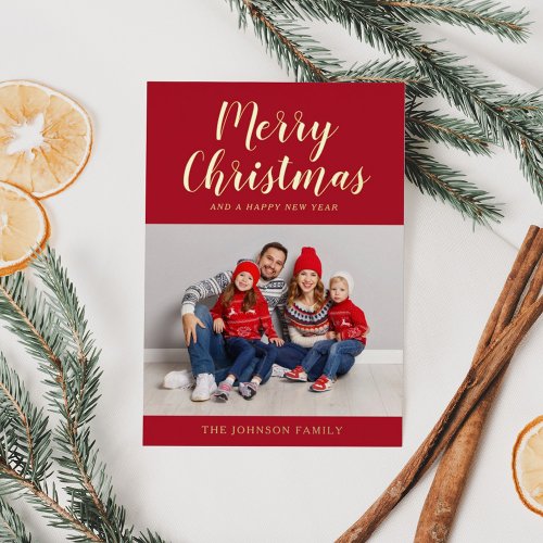 Modern Red Script Christmas Photo Gold  Foil Holiday Card