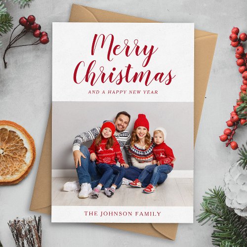 Modern Red Script Christmas Photo Holiday Card