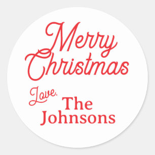 Modern Red Script Custom Name Merry Christmas Classic Round Sticker