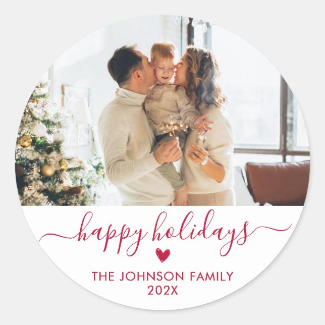 Modern Red Script Family Photo Happy Holidays Classic Round Sticker (Front)