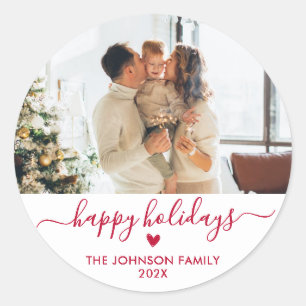 Modern Red Script Family Photo Happy Holidays Classic Round Sticker