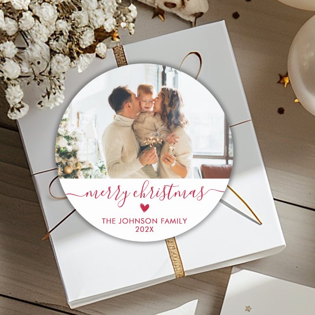 Modern Red Script Family Photo Merry Christmas Classic Round Sticker (Creator Uploaded)
