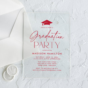 Modern Red Script Graduation Party Acrylic Invitations