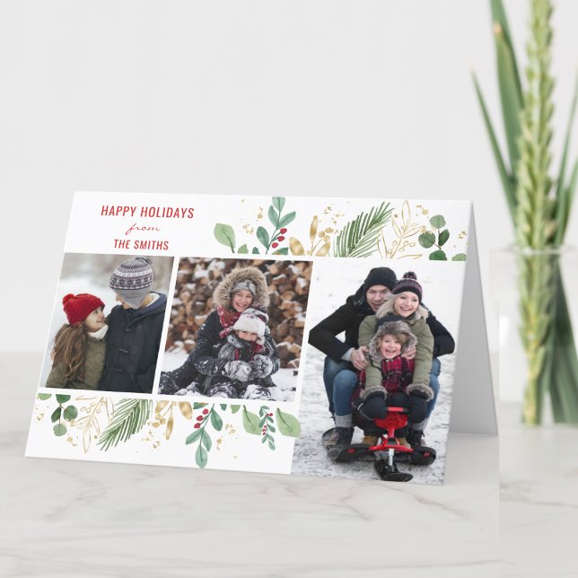 Modern Red Script Green Foliage Floral Festive Holiday Card (Creator Uploaded)