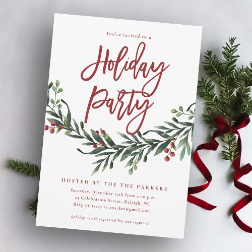 Modern Red Script Greenery Holiday Party Invitation