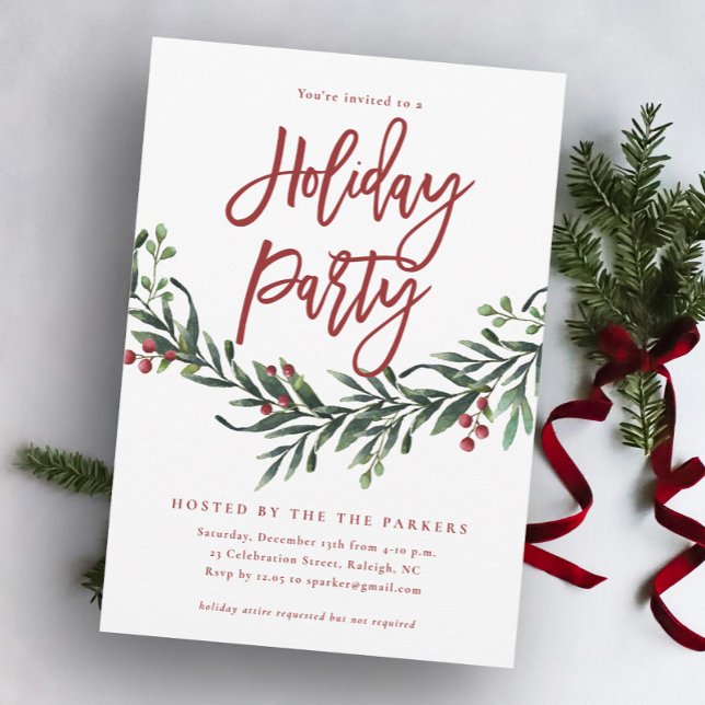 Modern Red Script Greenery Holiday Party Invitation (Creator Uploaded)