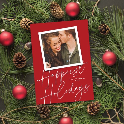 Modern Red Script Happiest Holidays Photo Card