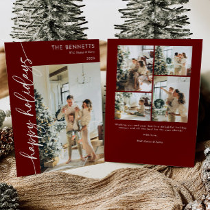 Modern Red Script Happy Holidays Photo Collage Holiday Card