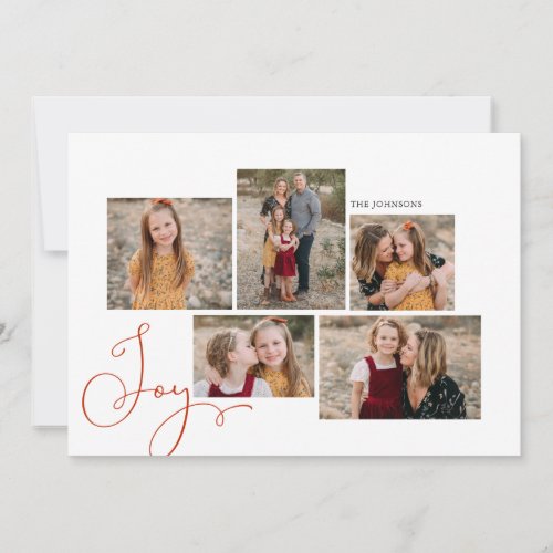 Modern Red Script Joy Collage 6 Photos  Holiday Card
