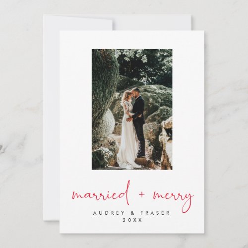 Modern Red Script Married and Merry Holiday Photo