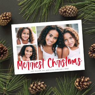 Modern Red Script Merriest Christmas 3 Photo Holiday Card
