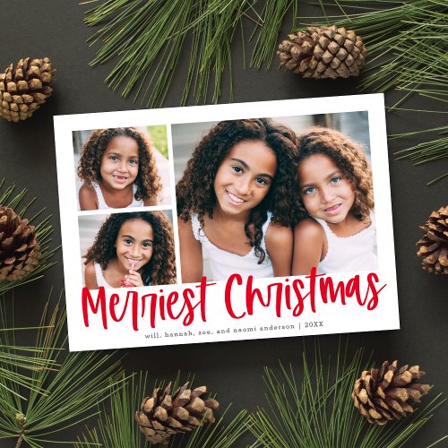 Modern Red Script Merriest Christmas 3 Photo Holiday Card