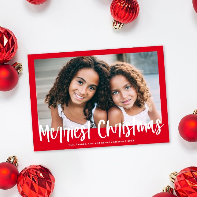 Modern Red Script Merriest Christmas Photo Holiday Card (Creator Uploaded)