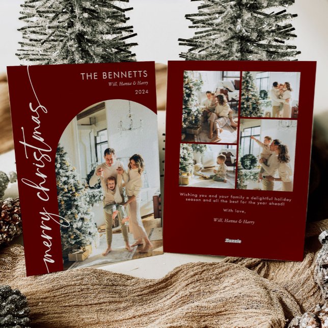 Modern Red Script Merry Christmas Arch Photo Holiday Card (Creator Uploaded)