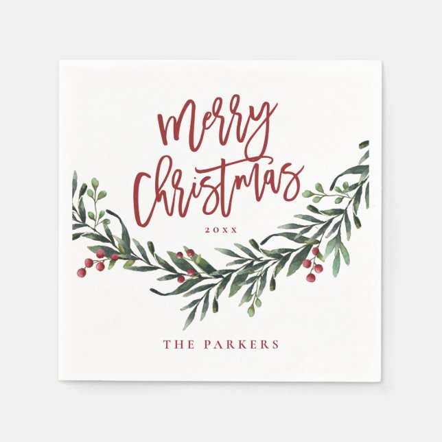 Modern Red Script Merry Christmas Greenery Napkins (Front)