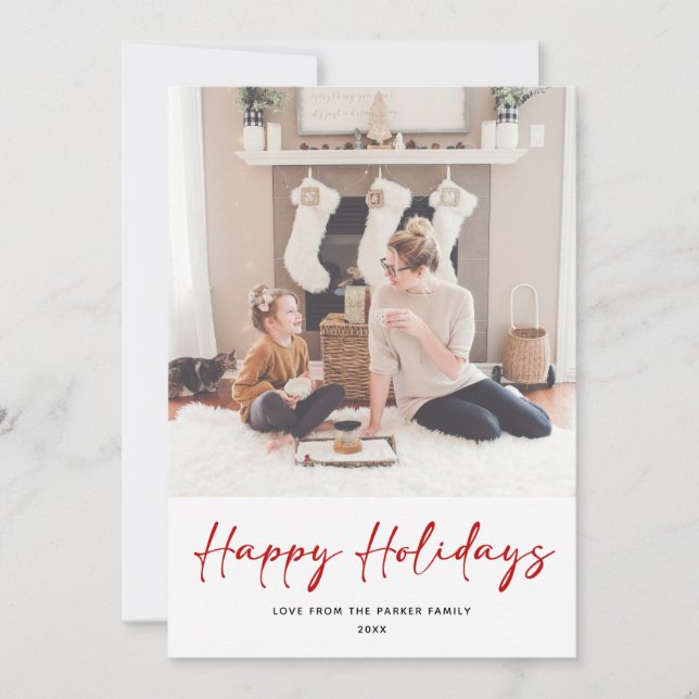 Modern Red Script Minimalist Photo Christmas Holiday Card (Front)