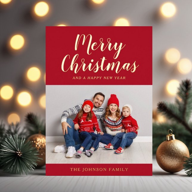 Modern Red Script Photo Christmas Gold  Foil Holiday Card (Modern Red Script Photo Christmas Gold Foil Holiday Card)