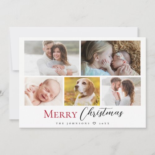 Modern Red Script Photo Collage Merry Christmas Holiday Card