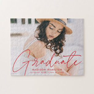 Modern Red Script Photo Graduation Jigsaw Puzzle