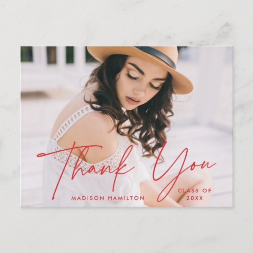 Modern Red Script Photo Graduation Thank You Postcard