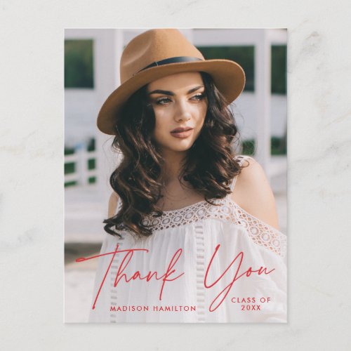 Modern Red Script Photo Graduation Thank You Postcard