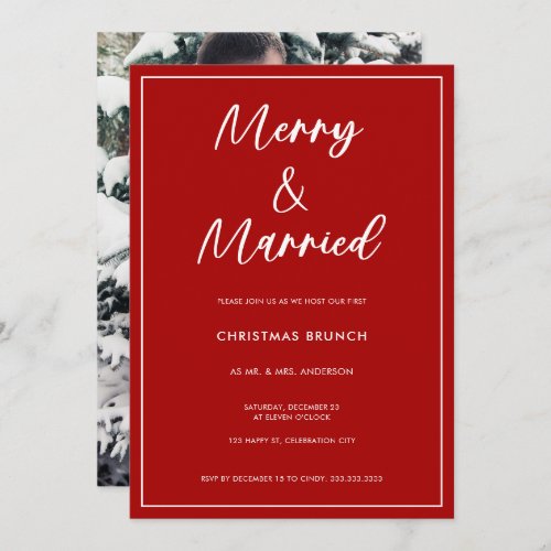 Modern Red Script Photo Merry Married Christmas  Invitation