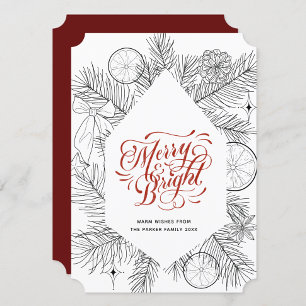Modern Red Script Pine Bough Minimalist Floral Holiday Card