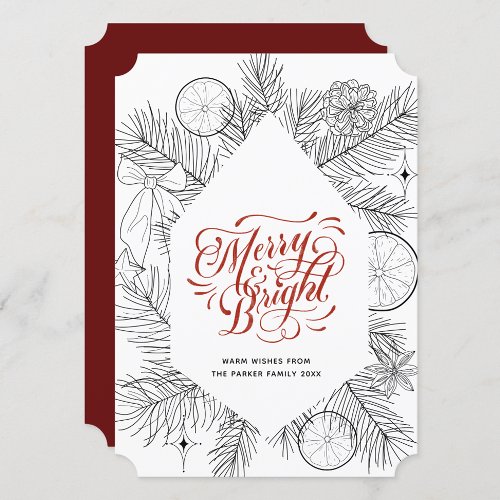 Modern Red Script Pine Bough Minimalist Floral Holiday Card