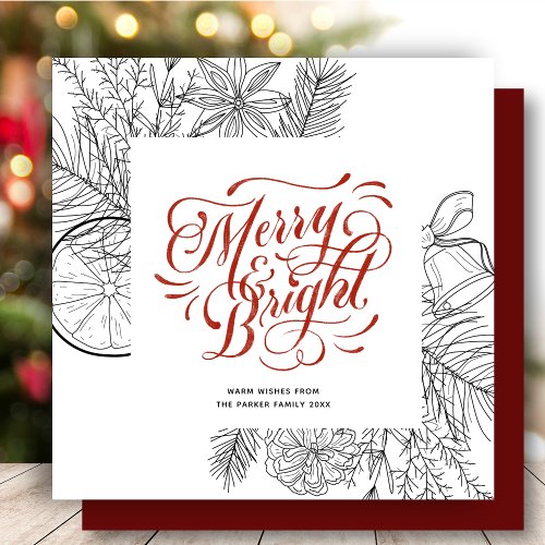 Modern Red Script Pine Bough Minimalist Floral Holiday Card