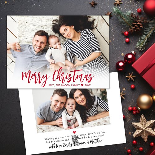 Modern Red Script Simple 2 Photo Christmas  Holiday Card