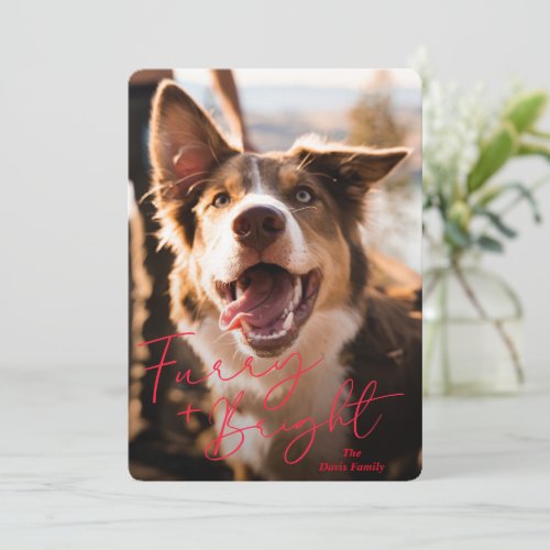 Modern Red Script Simple Photo Cute Dog Christmas Holiday Card