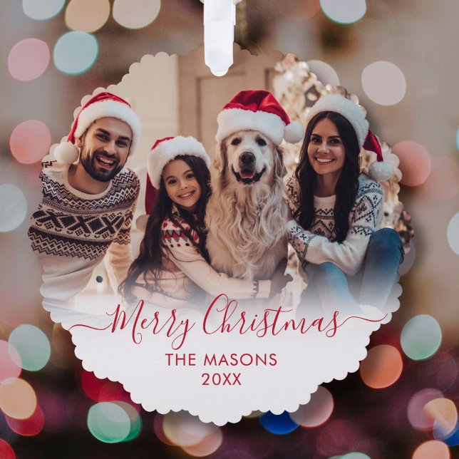 Modern Red Script White 2 Photo Christmas Ornament Card (Creator Uploaded)