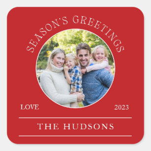Modern Red Season's Greetings Round 1 Photo Square Sticker