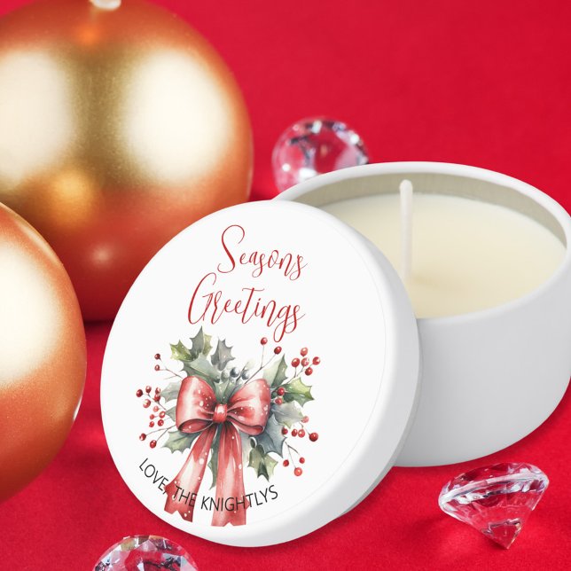 Modern Red Seasons Greetings Script Bow Holly Mini Candle Favors (Creator Uploaded)
