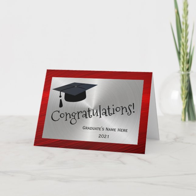 Modern Red Silver Cap Congratulations Graduation Card (Front)