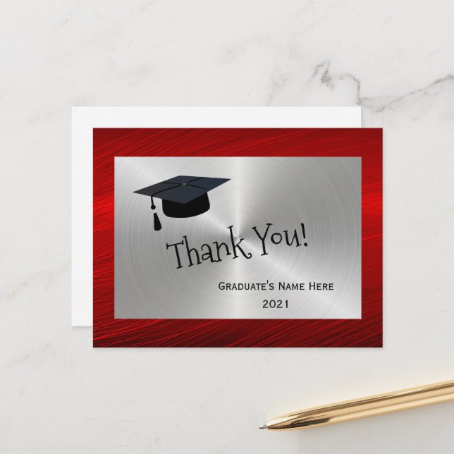 Modern Red Silver Cap Thank You Graduation Postcard (Front/Back In Situ)