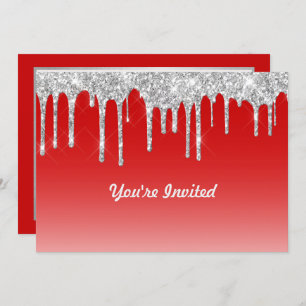 Modern Red Silver Glitter Drips Birthday Invitation