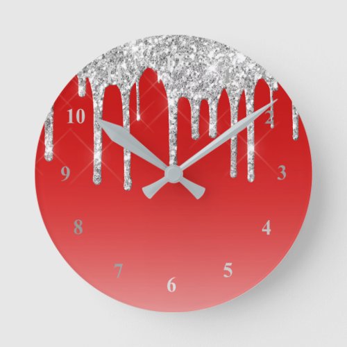 Modern Red Silver Glitter Drips Round Clock
