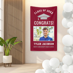 Modern Red Silver Photo Graduation Party Banner