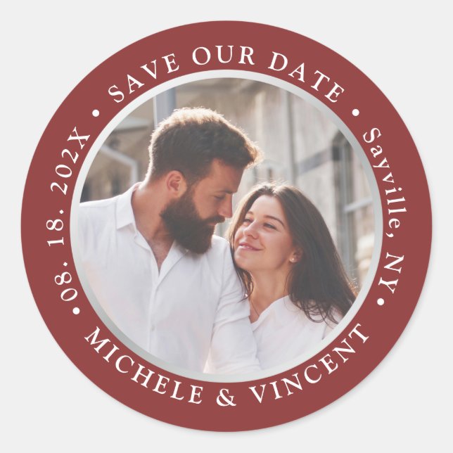 Modern Red Silver Photo Save The Date Classic Round Sticker (Front)