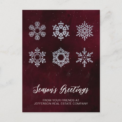 Modern Red Silver Snowflakes Business   Holiday Postcard
