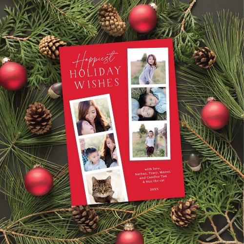 Modern Red Six Photo Photobooth Holiday Card 